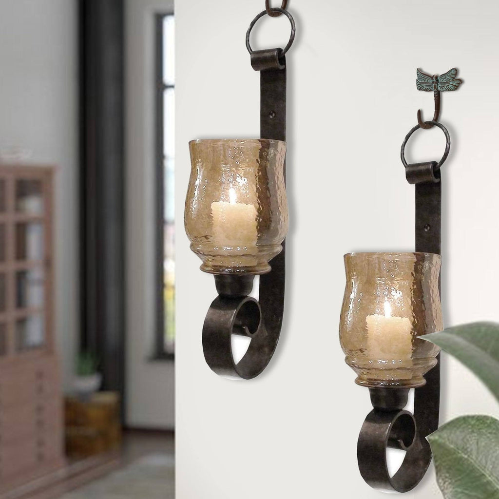 Benjara Scroll Design Metal Wall Mounted Candle Holder Sconce, Set of 2, Bronze Q4835