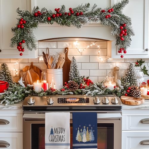 Merry Christmas Kitchen Towels Set of 2, Red Xmas Tree Design C1385