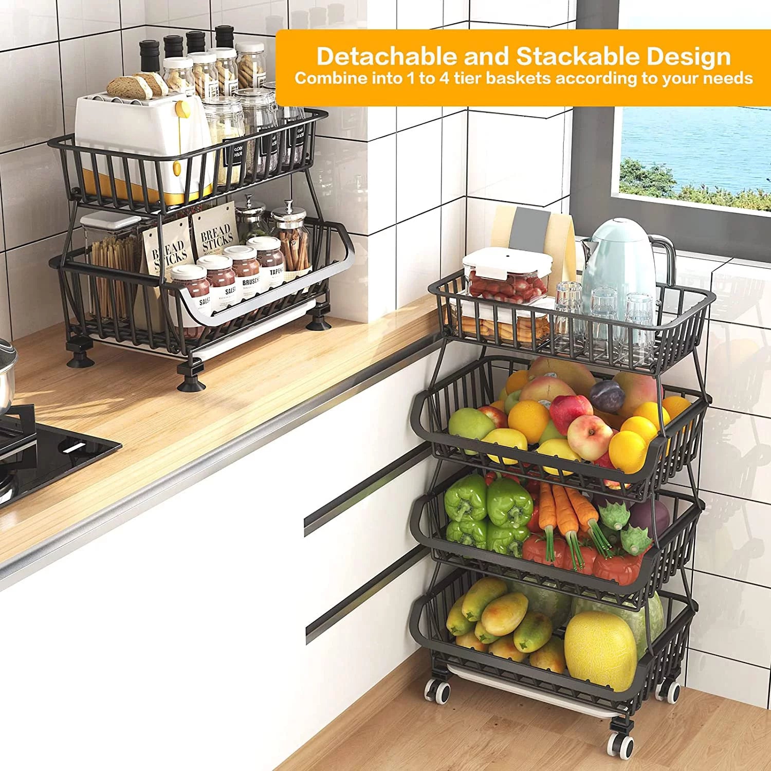 Luosen 4 Tier Stackable Metal Wire Fruit Vegetable Storage Trolley with Wheels, Black W286822