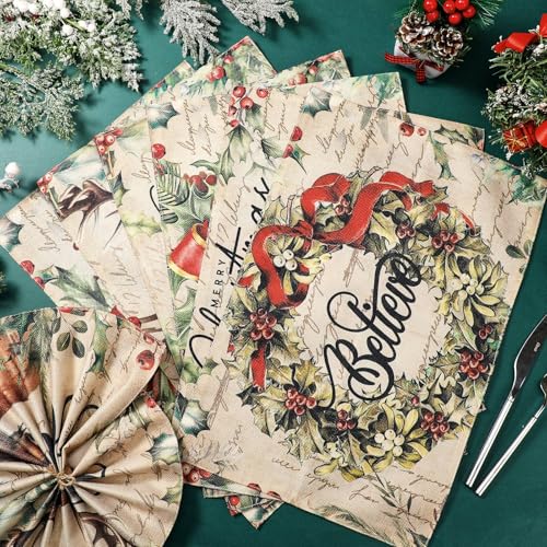 Vintage Linen Fabric Christmas Placemats Set of 12, 12x18 Inch L3227