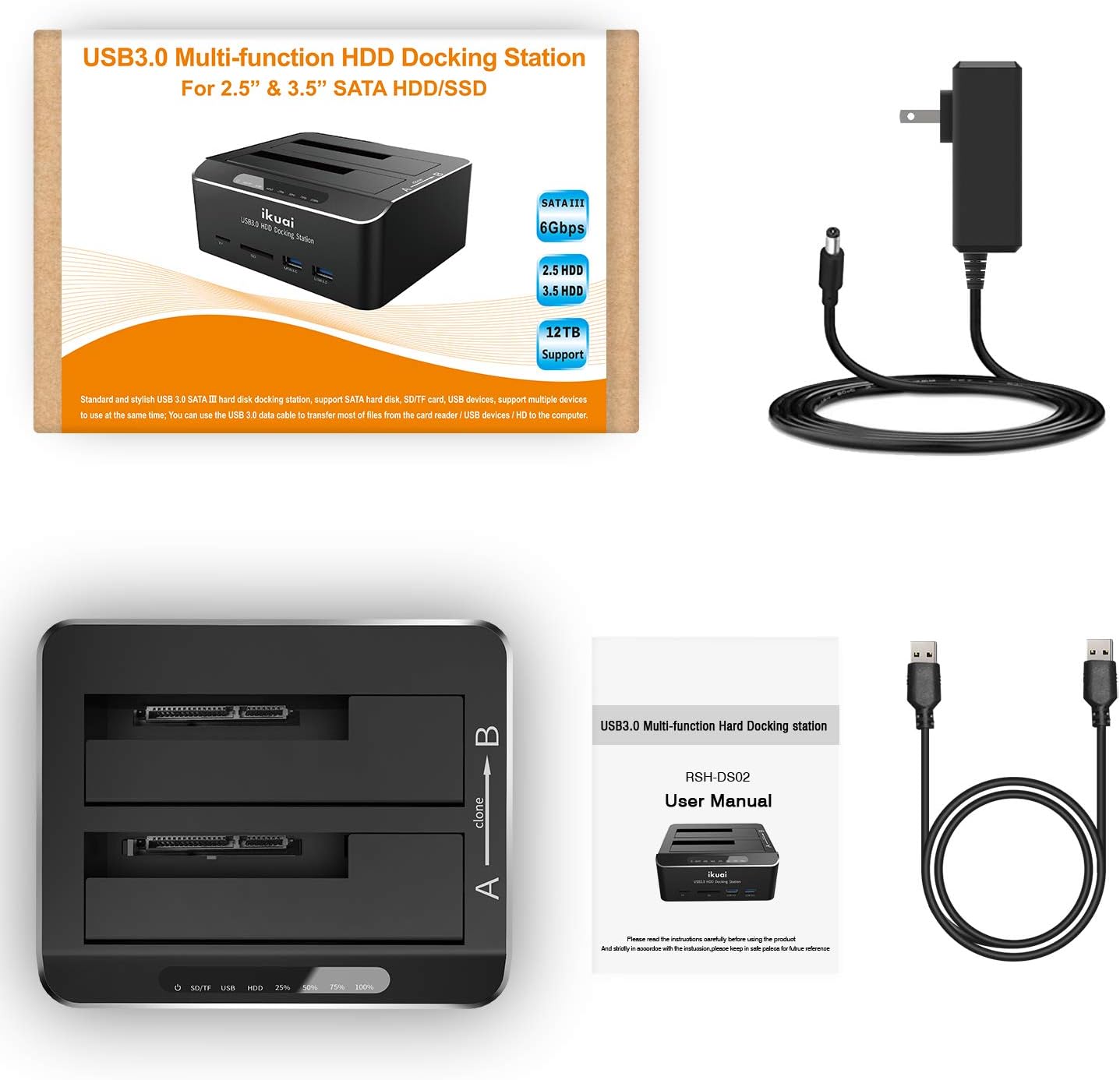 ikuai SATA to USB 3.0 Dual Bay Hard Drive Dock with SD Card Reader and Offline Clone, 2 Pack A62200