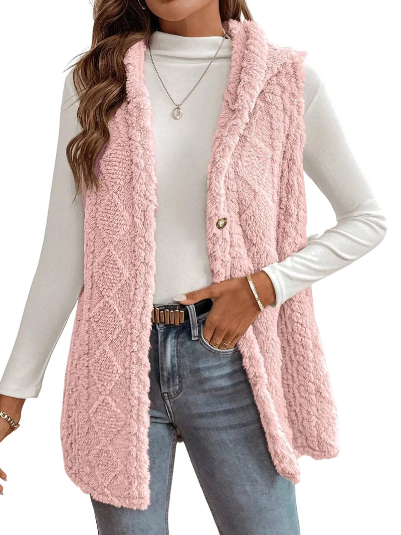 Women's Oversized Fleece Hooded Cardigan, Double Sided Wear, Pink M D664