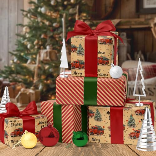 BIOBROWN Reversible Kraft Christmas Wrapping Paper Jumbo Roll 30 Inch x 33 Feet Vintage Trucks Design E340325