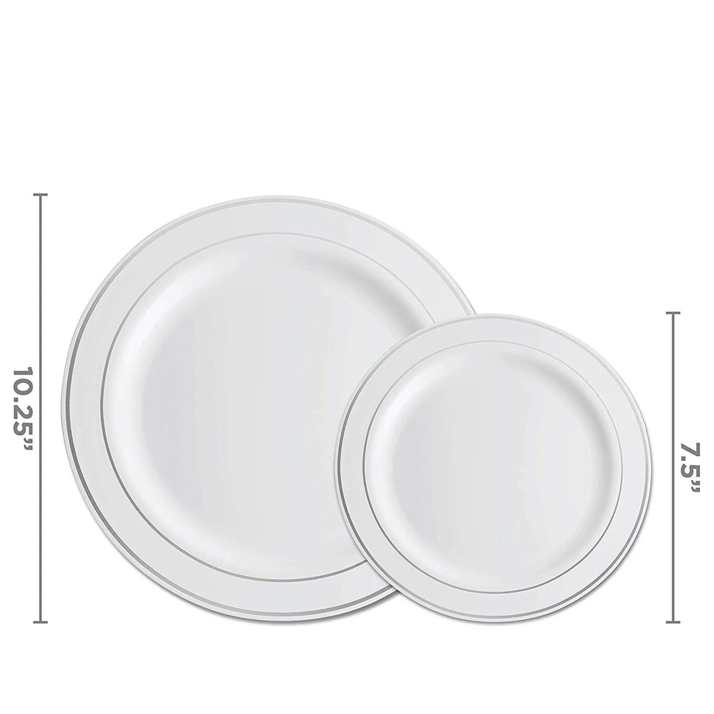 100 Piece Plastic Party Plates White Silver Rim Dinner & Dessert X993