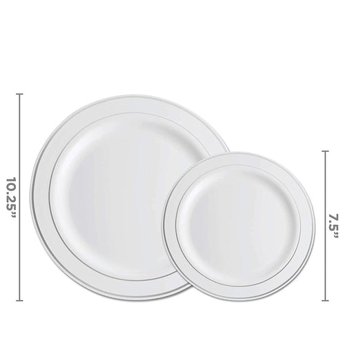 100 Piece Plastic Party Plates White Silver Rim Dinner & Dessert X993
