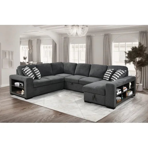 Dolonm 125'' Sleeper Sofa with Pull Out Bed and Storage Chaise Ottoman, U Shaped Sectional Couch with Adjustable Headrest and Stools for Living Room