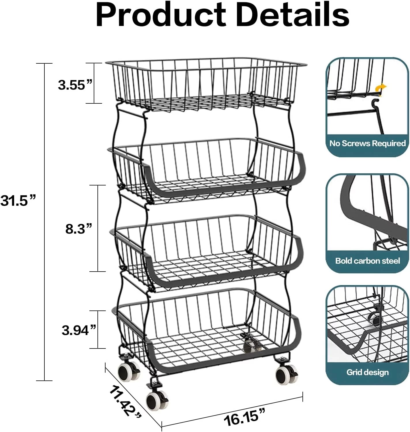 Luosen 4 Tier Stackable Metal Wire Fruit Vegetable Storage Trolley with Wheels, Black W286822