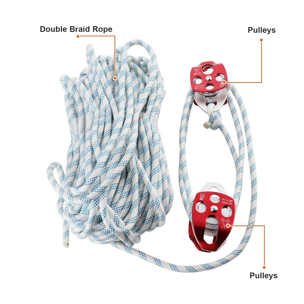 Pulley Block Twin Sheave 2/5-1/2Inch 150Ft with Braid Rope 30-35KN G20495