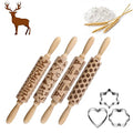 4Pack Christmas Wooden 3D Rolling Pins Embossed, Embossing Rolling Pin with Engraved Christmas Themed Symbols for Baking Embossed Cookies,Rolling Pin Kitchen Tool(14 in)