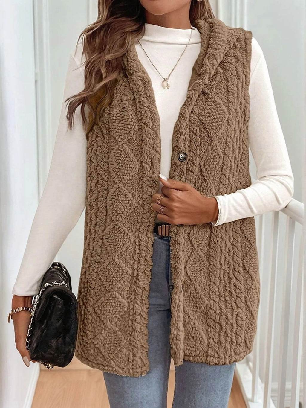 Women's Oversized Fleece Hooded Cardigan, Double Sided Wear, Brown XL U63510