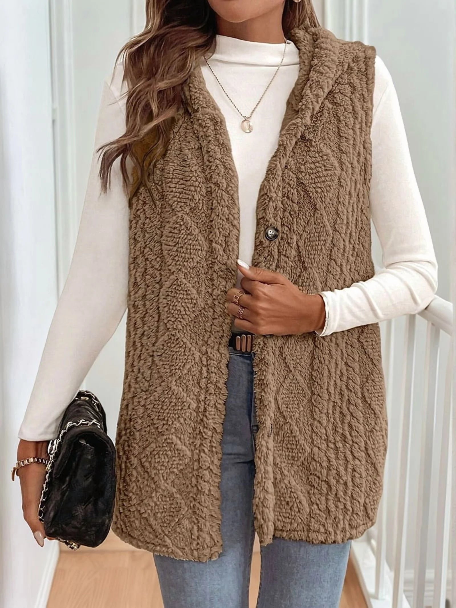Women's Oversized Fleece Hooded Cardigan, Double Sided Wear, Brown XL U63510
