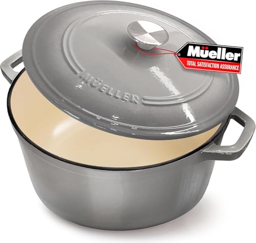 Mueller 6qt Enameled Cast Iron Dutch Oven with Lid, Oven-Safe to 500°F, White N219