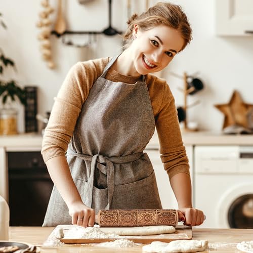 17" Wooden Rolling Pin with Embossed Springerle Cookie Designs, Includes Cleaning Brush O580