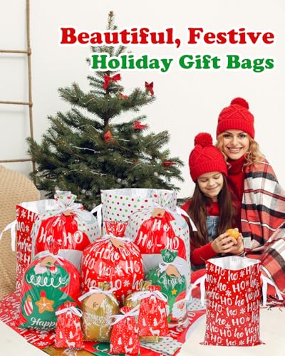 Christmas Gift Bags Assorted Sizes, 22pcs Drawstring Reusable Plastic D786