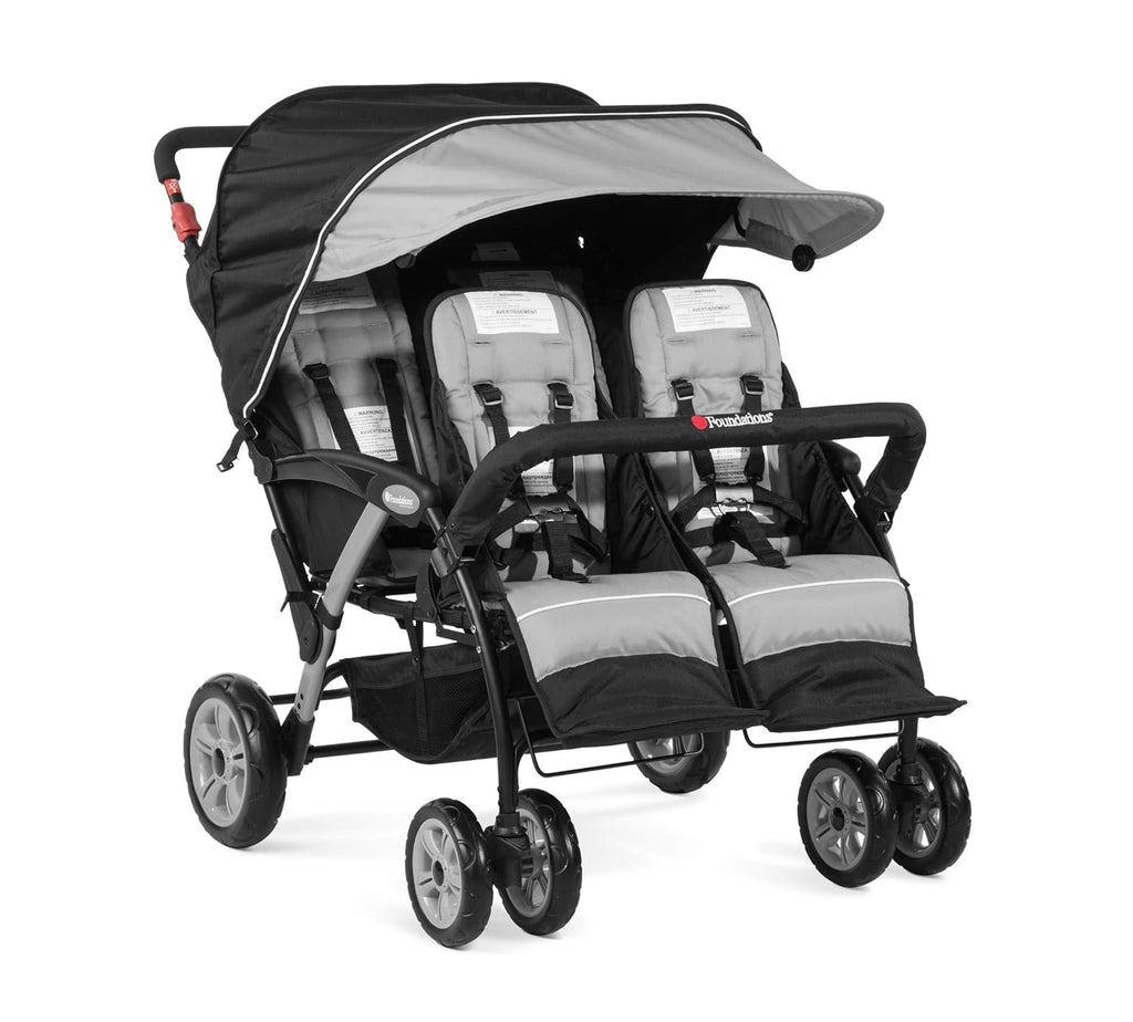 Foundations Quad Sport 4-Passenger Folding Stroller with Canopy, 5-Point Harness, Foot-Brake, Red
