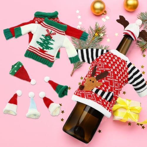 16 Sets Christmas Wine Bottle Covers with Hat Knitted Dress, 8 Styles G574