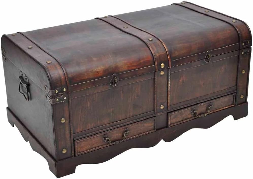Wooden Storage Trunk Treasure Chest, Decorative Small Wooden Chest with Hinged Lid for Home Livingroom Bedroom Cafe Bar Hotel