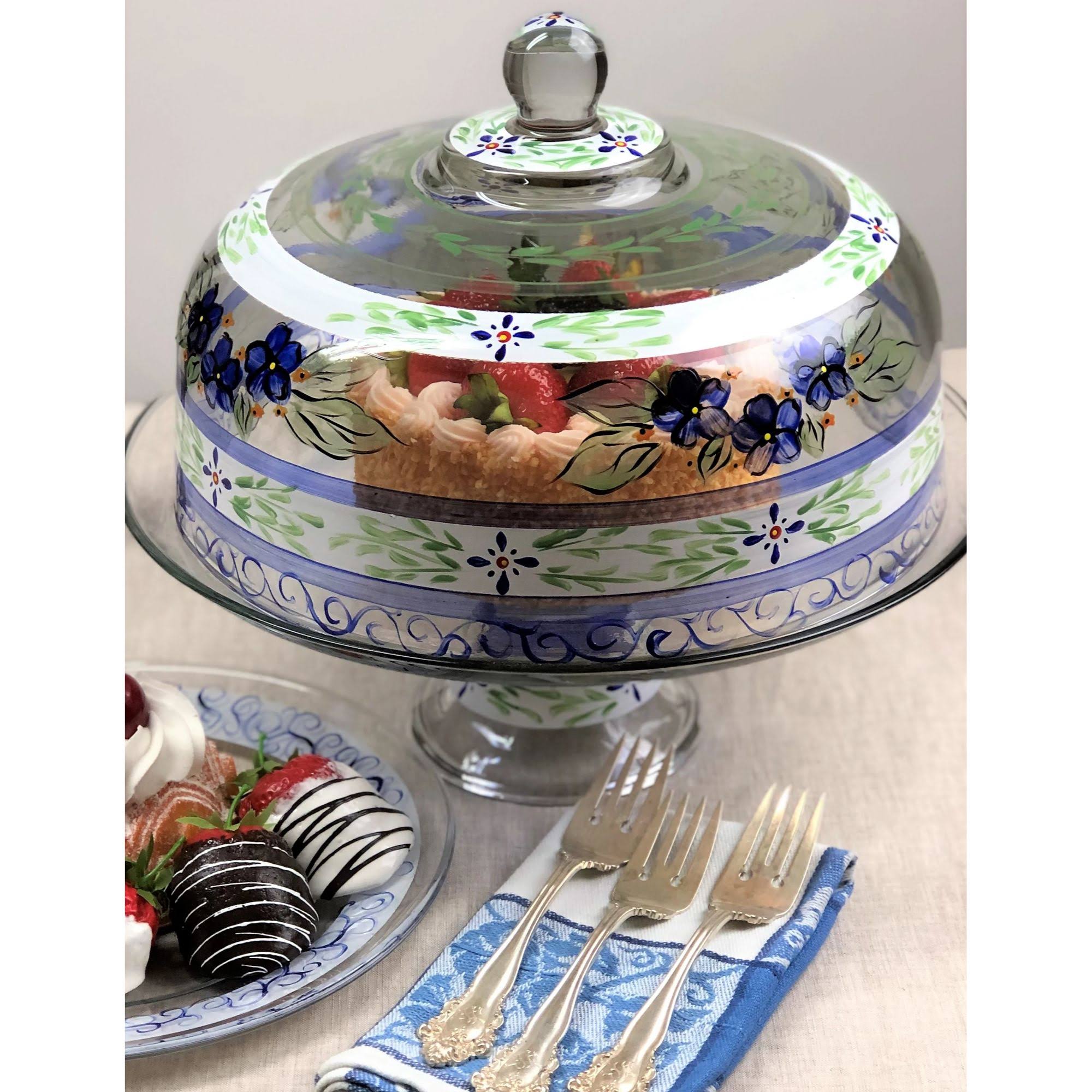 Blue Floral Hand Painted Glass Convertible Cake Dome F908