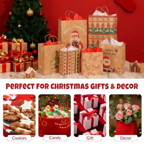 SUNEE Christmas Gift Bags with Tissue Paper, 24pcs Assorted Sizes with Handles V580