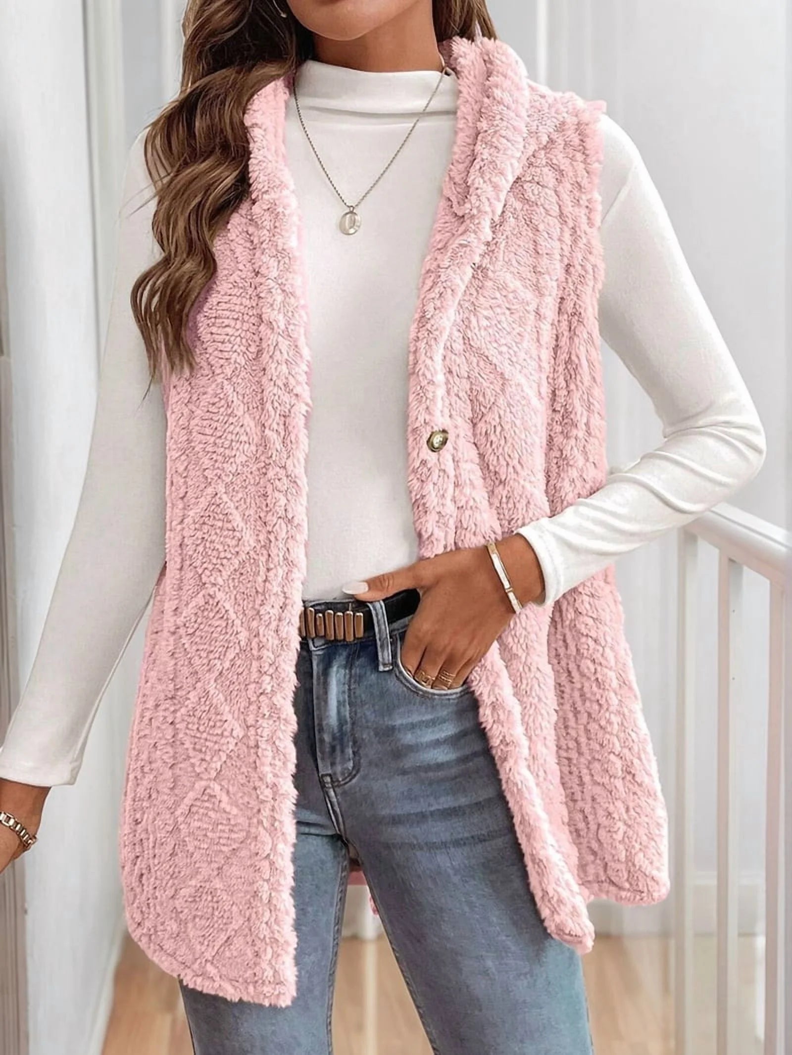 Women's Oversized Fleece Hooded Cardigan, Double Sided Wear, Pink M D664