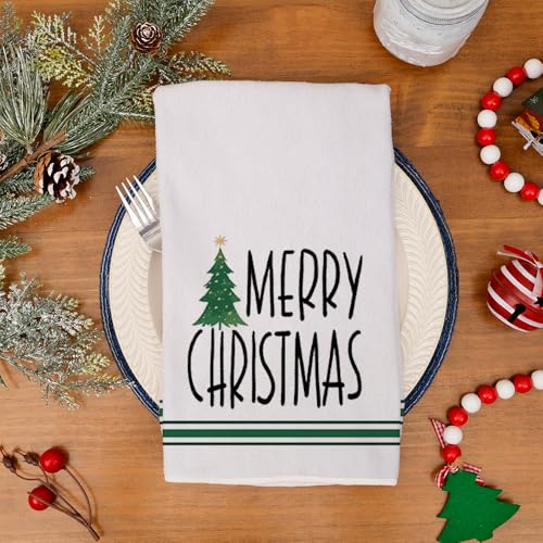 Merry Christmas Kitchen Towels Set of 2, Red Xmas Tree Design C1385