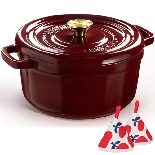 Overmont Enameled Cast Iron Dutch Oven 5QT with Lid and Potholders P525160