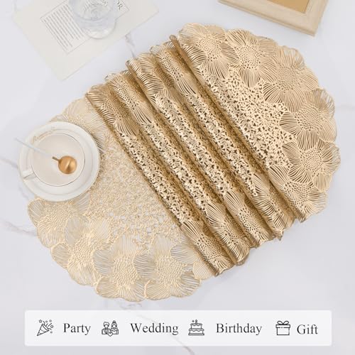 Gold Metallic Vinyl Flower Placemats Set of 6 for Dining Table I961330
