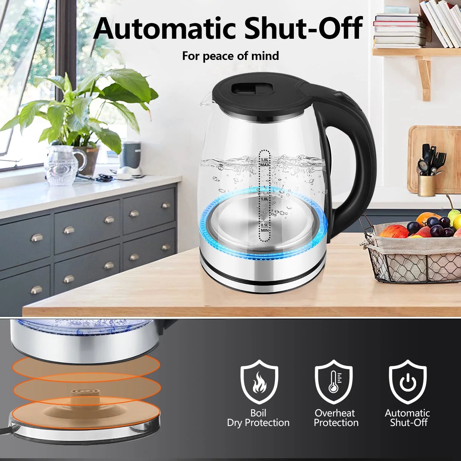Electric Kettle 1.8L Glass and Steel with Auto Shut-Off N757895