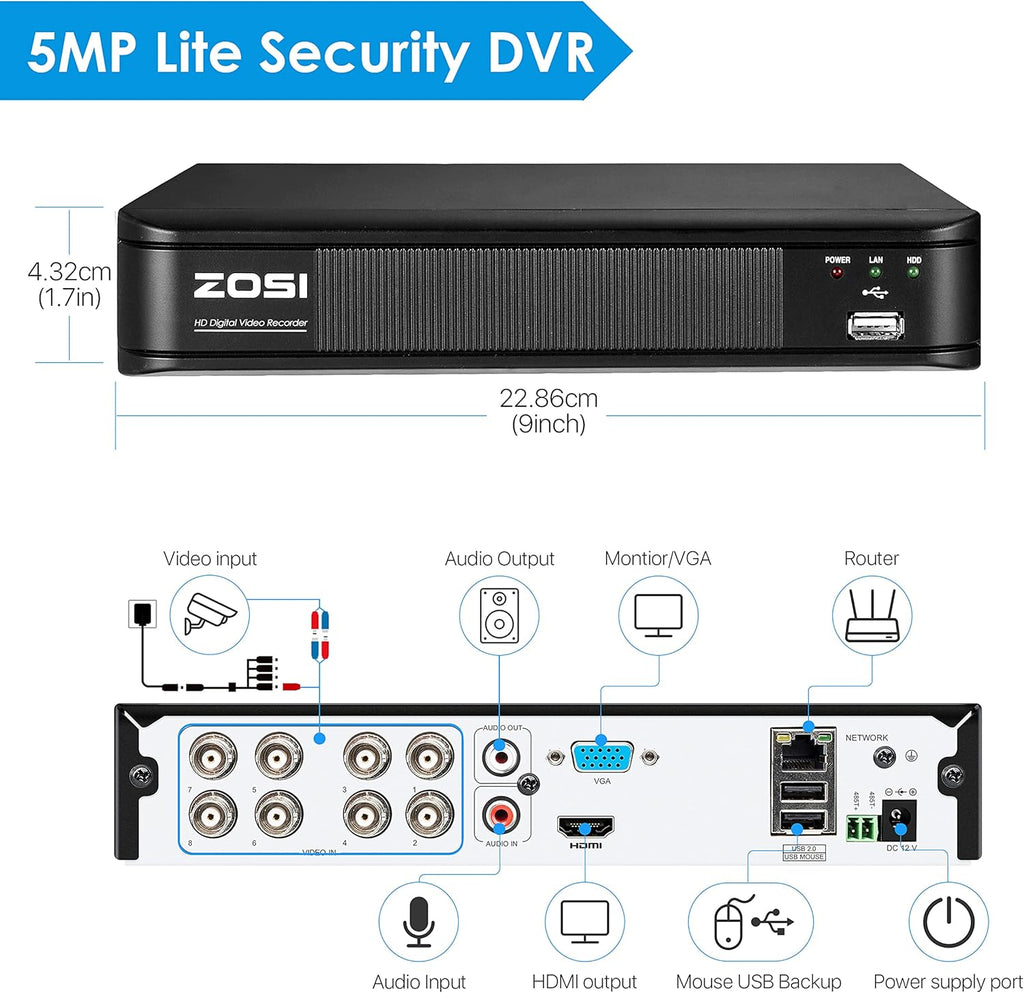ZOSI H.265+ 5MP Lite 8 Channel CCTV DVR Recorder with 1TB Hard Drive J715
