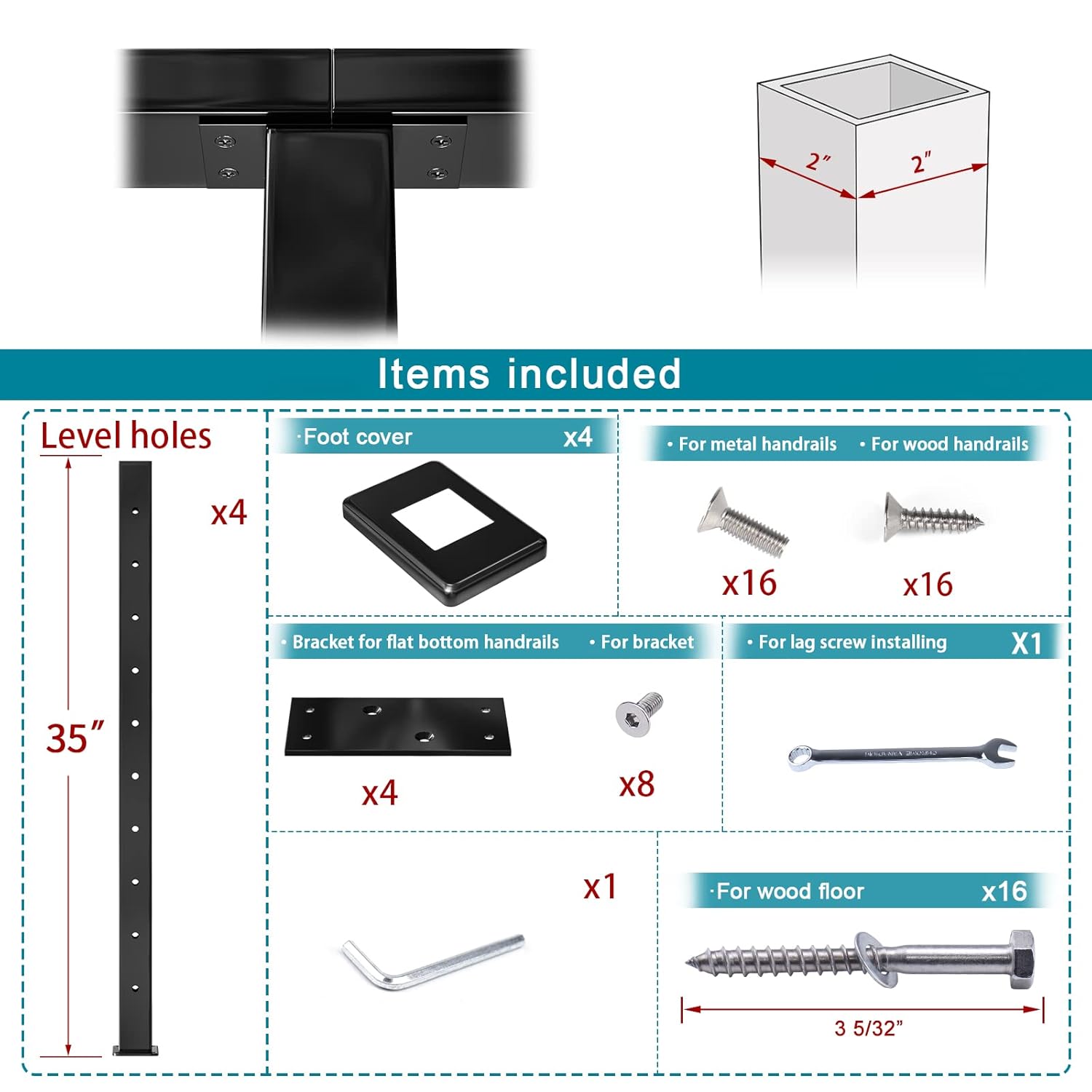 Muzata 4Pack Cable Railing Post Level-drilled Flat Top 36'' Black Stainless Steel X415012