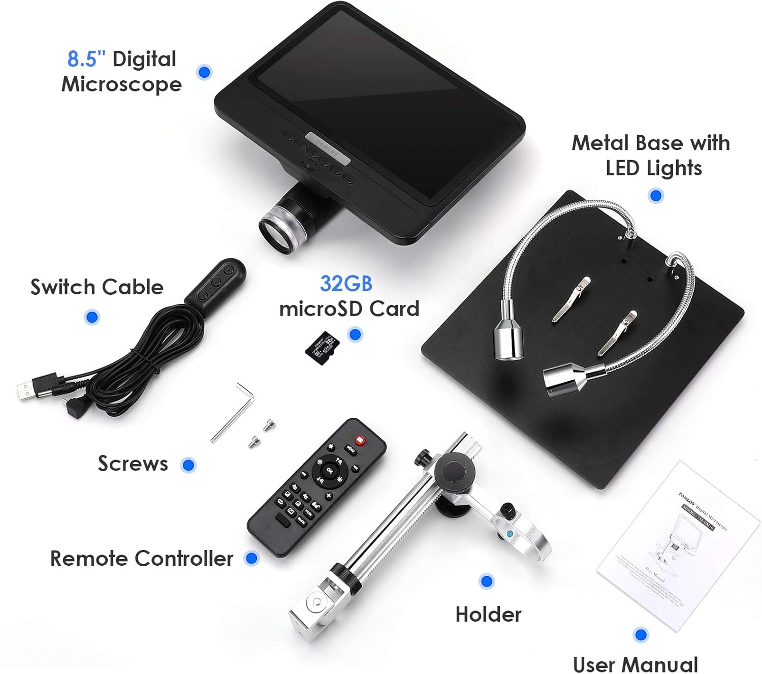 TOMLOV DM10 8.5'' Digital Microscope 50X-1300X with 12MP Camera, SD Card Included T857730
