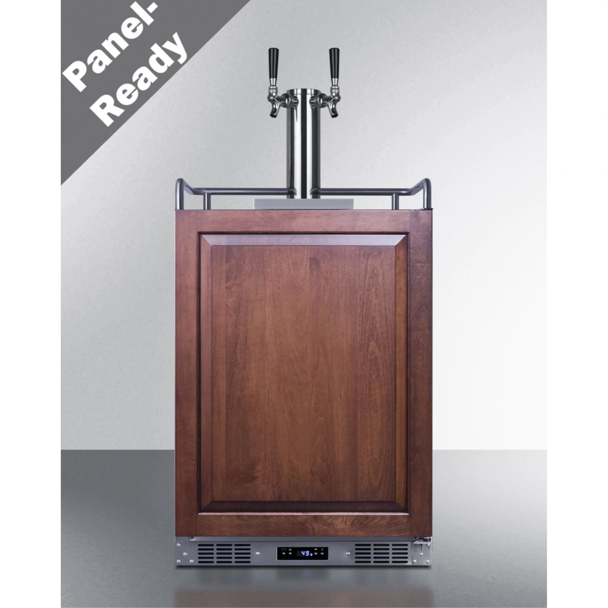 Built-in undercounter dual tap beer kegerator in complete stainless steel with panel-ready door
