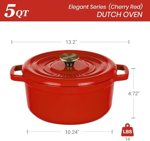 Overmont Enameled Cast Iron Dutch Oven 5QT with Lid and Potholders P525160