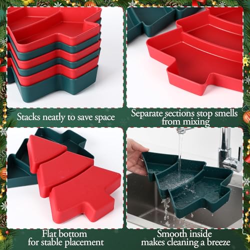 Christmas Tree Serving Tray Platter, Red and Green Plastic, 3 Grids with Bag and Ribbon D132830