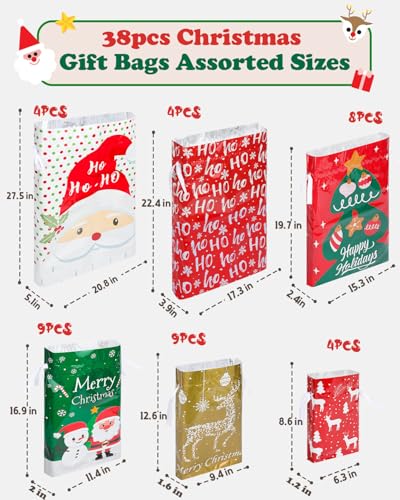 Christmas Gift Bags Assorted Sizes, 22pcs Drawstring Reusable Plastic D786