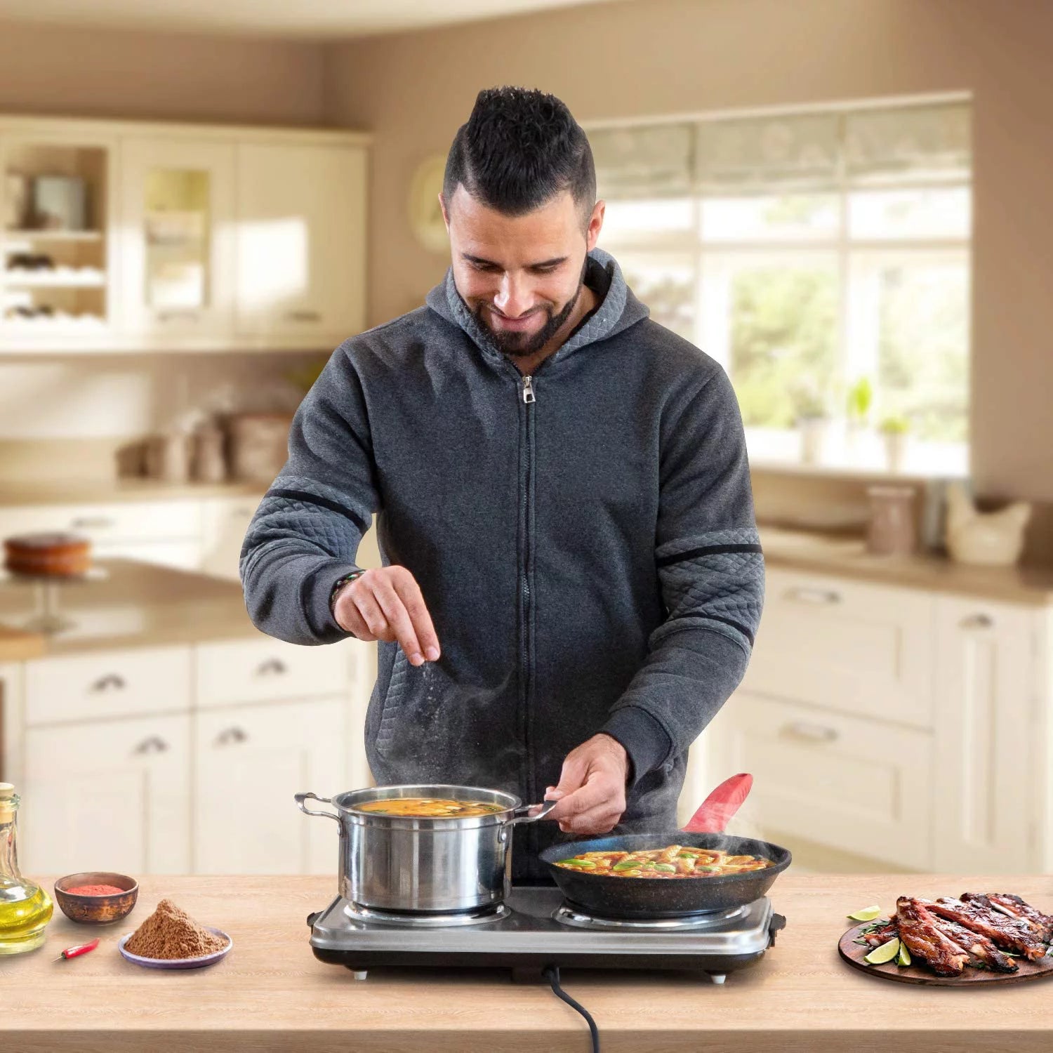 1800W Electric Double Burner Hot Plate with Handles, Stainless Steel O160713