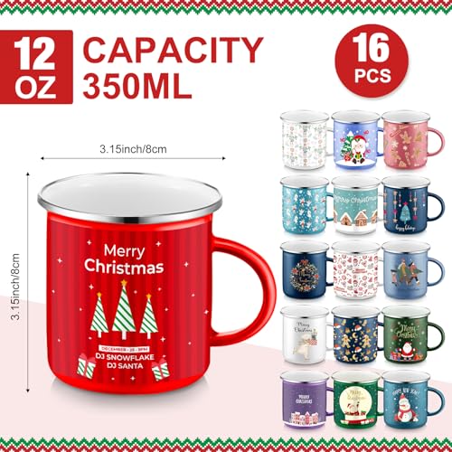 Sliner 16 Pcs Christmas Enamel Mugs 12 oz Coffee Mug Set Z53423