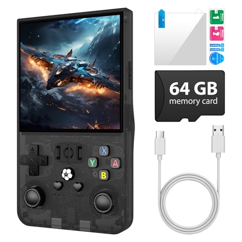 R36MAX Retro Handheld Gaming Console with 18000+ Games, 64GB TF Card, Transparent Gray Q5714