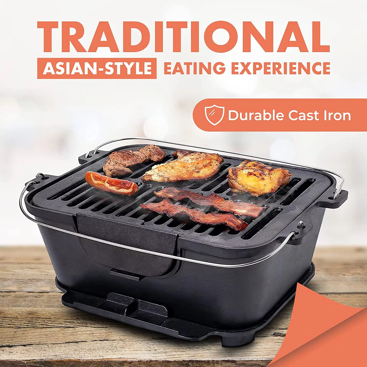 Bruntmor Pre-Seasoned Portable Cast Iron Charcoal Rectangle BBQ Grill N22991