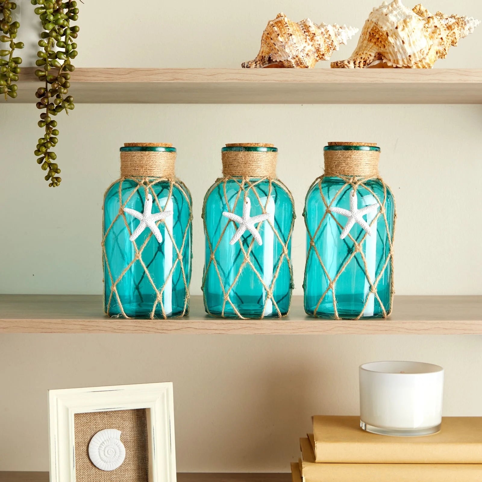 Blue Glass Vase with Cork Lid 3 Pack, Beach Home Decor U759938