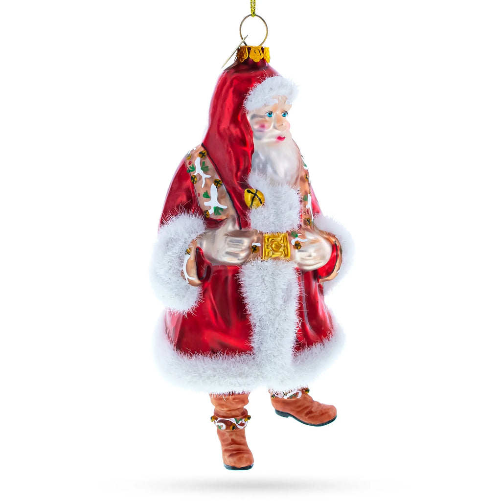Classic Santa in Fur Coat and Red Hat Blown Glass Christmas Ornament D60600