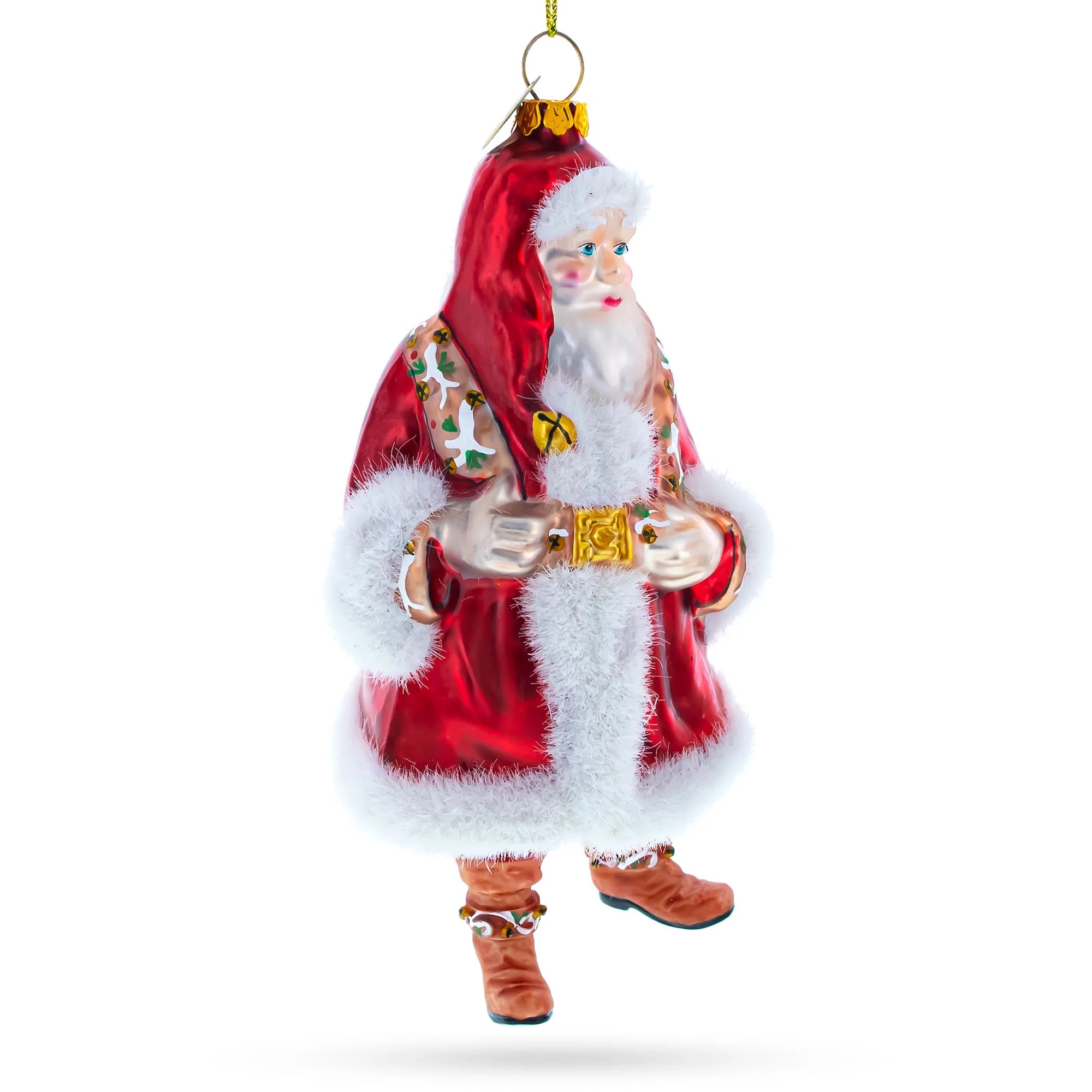 Classic Santa in Fur Coat and Red Hat Blown Glass Christmas Ornament D60600