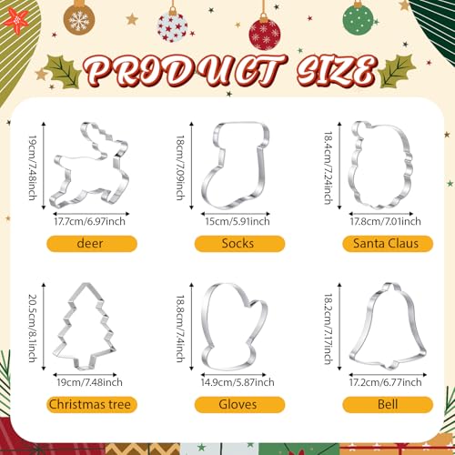 6 Pcs Large Christmas Cookie Cutters Stainless Steel Baking Molds M8080