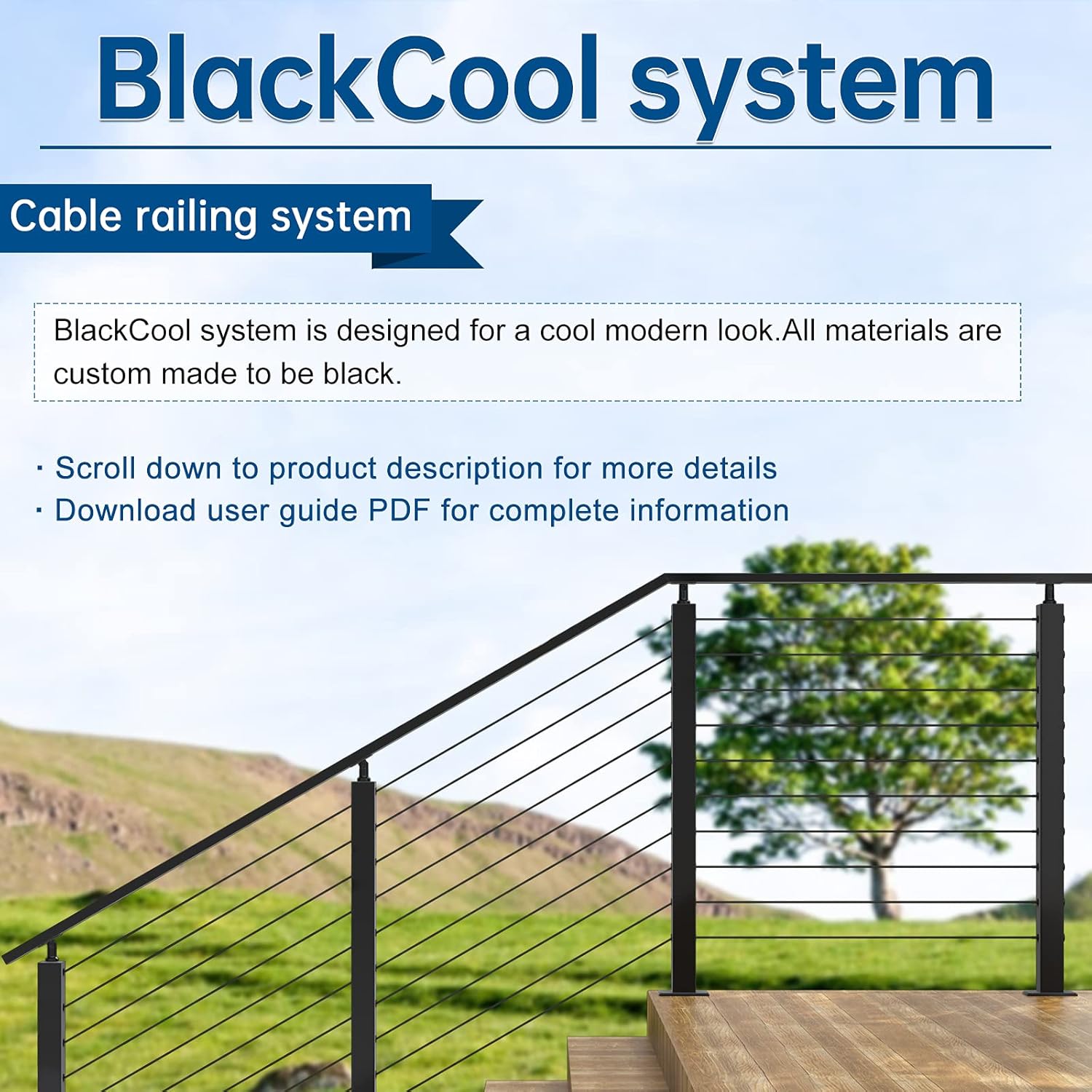 Muzata 4Pack Cable Railing Post Level-drilled Flat Top 36'' Black Stainless Steel X415012
