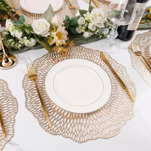 Gold Metallic Vinyl Flower Placemats Set of 6 for Dining Table I961330