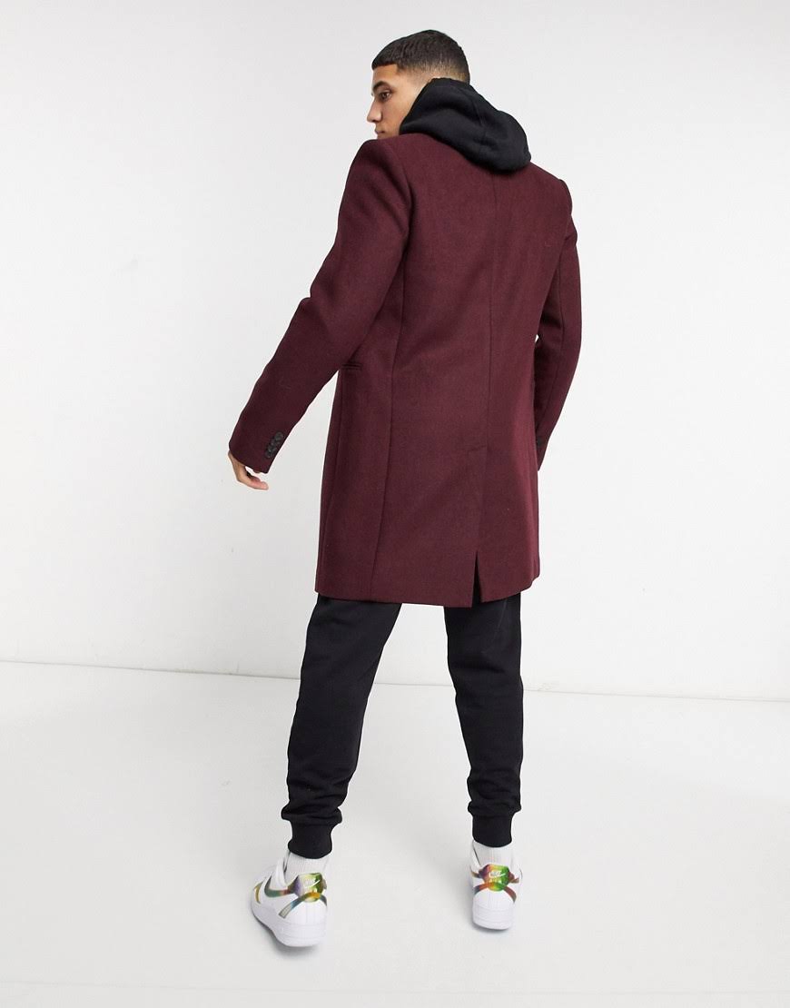 ASOS Design Wool Mix Overcoat Port-Red B6184