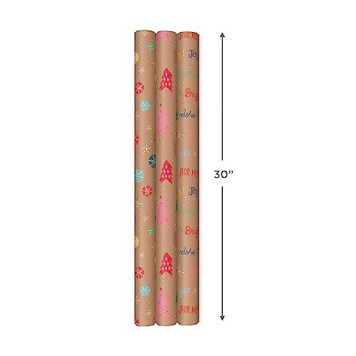 Hallmark Christmas Wrapping Paper Rolls, Brown Kraft Holiday Gift Wrap, 3-Pack B6253