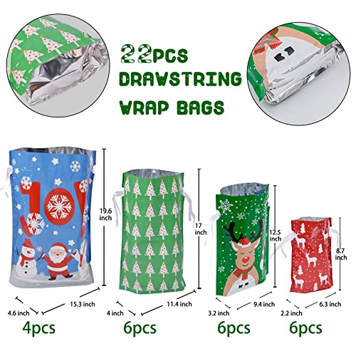 Christmas Gift Bags Assorted Sizes, 22pcs Drawstring Reusable Plastic D786