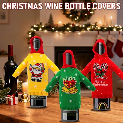 3Pcs Christmas Wine Bottle Covers Knitted Sweatshirts Holiday Party Decorations I4698