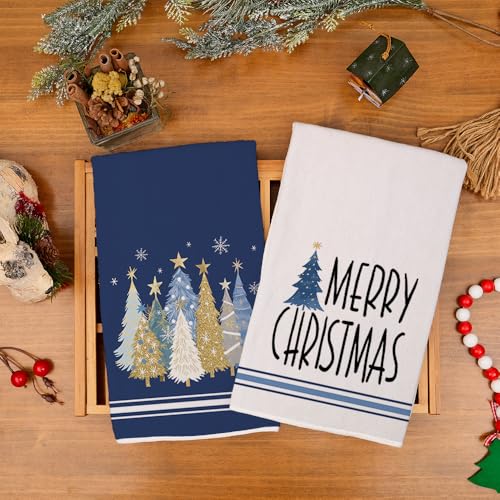 Merry Christmas Kitchen Towels Set of 2, Red Xmas Tree Design C1385